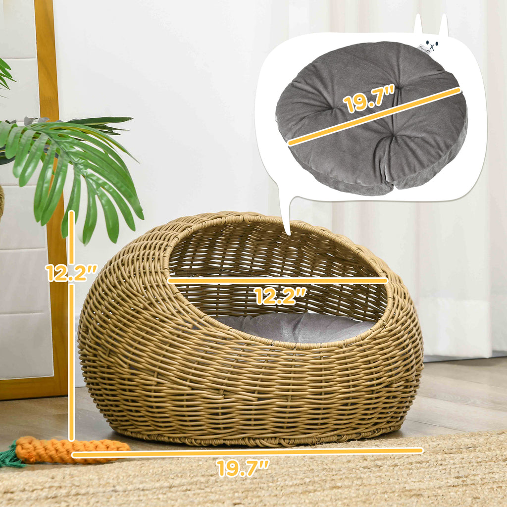 Rattan Cat Bed with Washable Cushion for Cats, Puppies, Light Brown