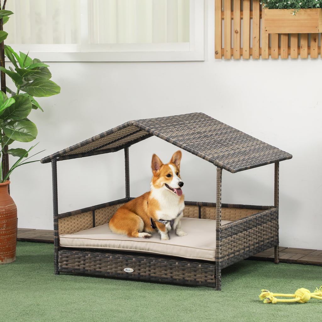 Wicker Dog House with Removable Cushion Lounge, Khaki